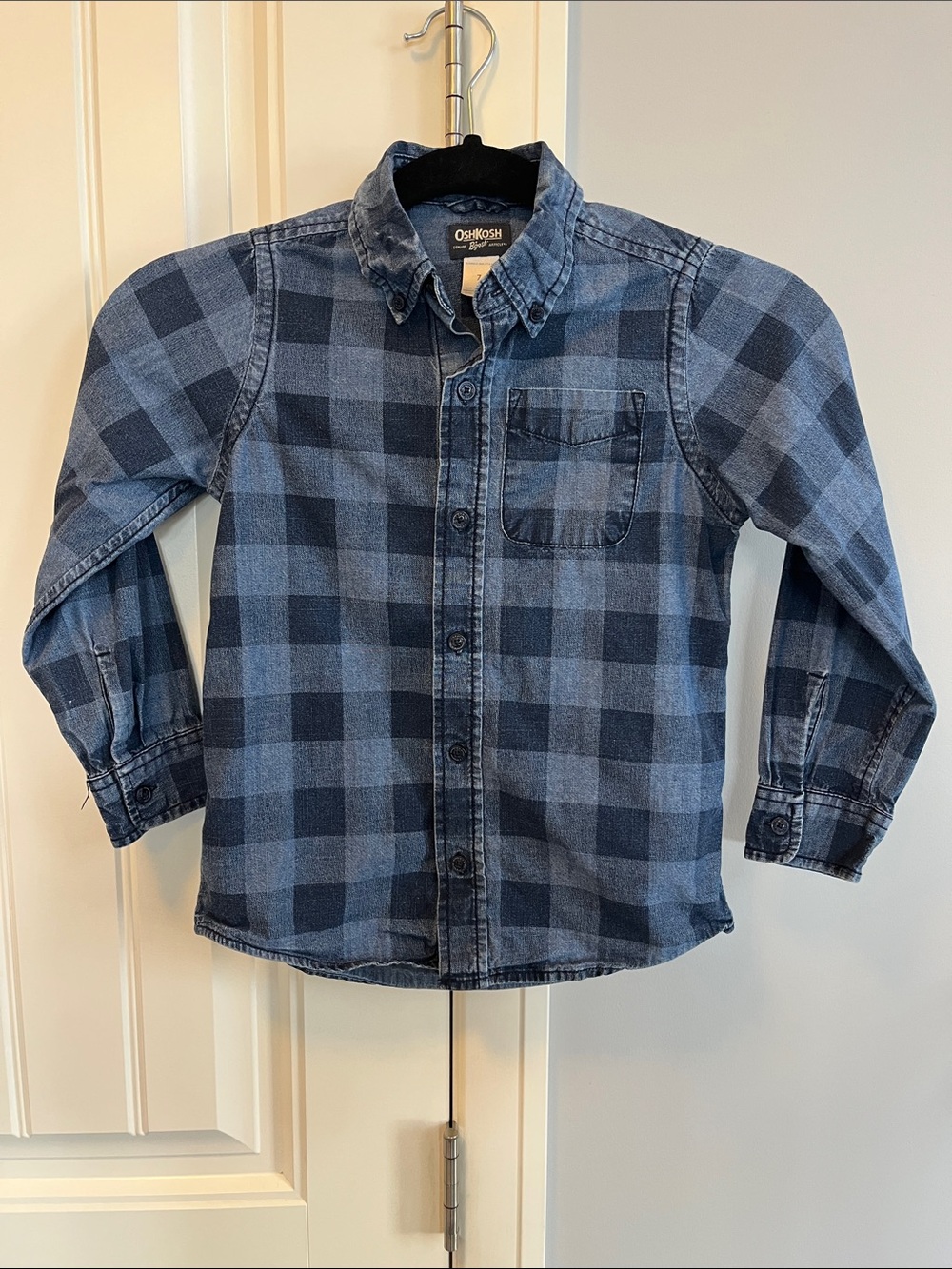 OshKosh B'gosh Boys Blue Buffalo Plaid Denim-Look Button Down Shirt Size 7